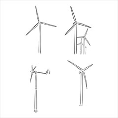 Wind farm is a series of wind generators set in the area to provide people with renewable green energy. EPS8 vector illustration in a sketchy style imitating scribbling in the notebook or diary.