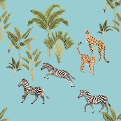 Vintage tropical banana tree, cheetah, zebra animal floral seamless pattern blue background. Exotic safari wallpaper.  © good_mood