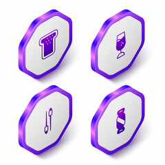 Set Isometric Bread toast, Wine glass, Food chopsticks and Candy icon. Purple hexagon button. Vector