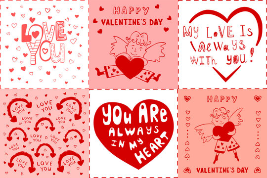 Vector pattern for Valentine's day. Lettering "I love you". Cupid. Universal eps flat design of square template for gift card, banner, poster, valentine with congratulations