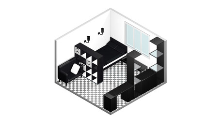 It is black white 3D render room. It is modern room.