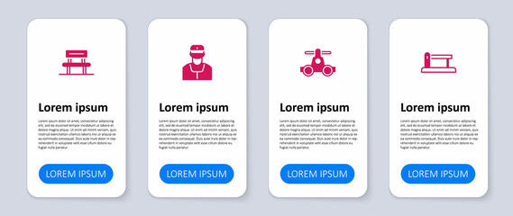 Set Railway barrier, Handcar transportation, Train conductor and Waiting hall. Business infographic template. Vector