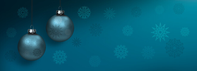 Glänzende Blaue Weihnachtskugeln am Band vor einem Hintergrund mit Schneekristallen