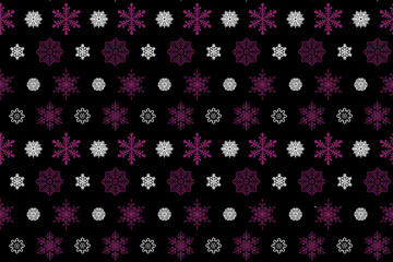 Fototapeta na wymiar 黒地に白や紫の雪の結晶模様