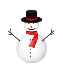 A snowman wears a black hat, a red scarf and green bottoms with two dry twigs