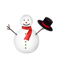 A snowman wears a red scarf and green bottoms with hanging black hat on dry twigs