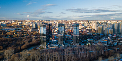 Kazan city skyline modern residential building. City skyline. Sunny day aerial view . 