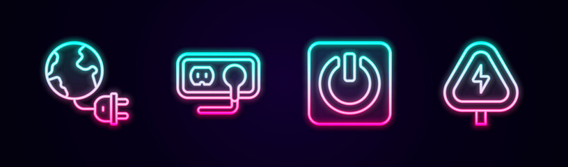 Set line Global energy planet with plug, Electrical outlet, Power button and High voltage. Glowing neon icon. Vector