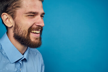 business man with glasses emotions blue background