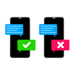 isometrick mobile phone, smartphone SMS chat speech bubble Accept and reject Offer, Yes No reply Vector flat logo minimal illustration 