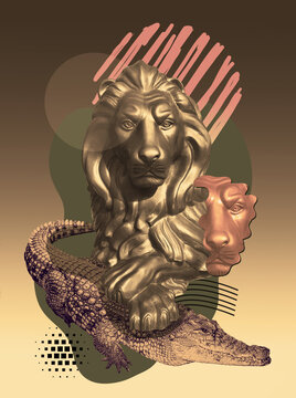 Collage with lion in a pop art style. Modern creative concept image with ancient statue. Zine culture. Contemporary art poster. Funky minimalism. Retro design.