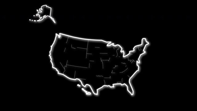 USA map glowing white self drawing outline. Appear on black background. Alpha channel, luma mask.