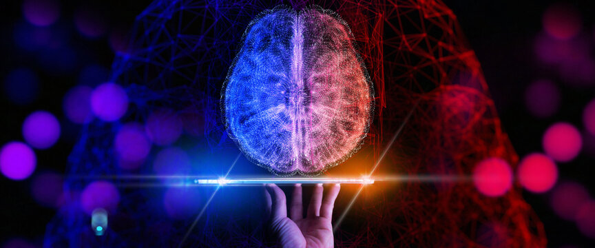 Scientist hand working digital tablet computer show halogram of Left right human brain concept. Creative part and logic part with social and business.