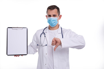 Doctor Man Showing Blank Clipboard and Thumb Down Isolated. Advertisment, Office, Commercial Concept