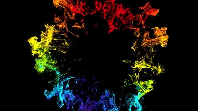 Iridescent multicolored circle particle explosion. Vivid rainbow colored powder smoke pulsating shockwave paint. 4k logo copy space animation with alpha. Isolated on black VJ loop copyspace