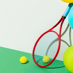 Red racket, yellow tennis balls and colorful balloons on a blue-green background