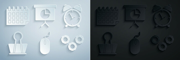 Set Computer mouse, Alarm clock, Binder clip, Gear, Presentation financial board with graph, schedule, chart, diagram, infographic, pie graph and Calendar icon. Vector