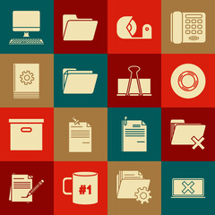 Set Laptop and cross mark on screen, Delete folder, Scotch, Document, User manual, Computer monitor with keyboard and Binder clip icon. Vector