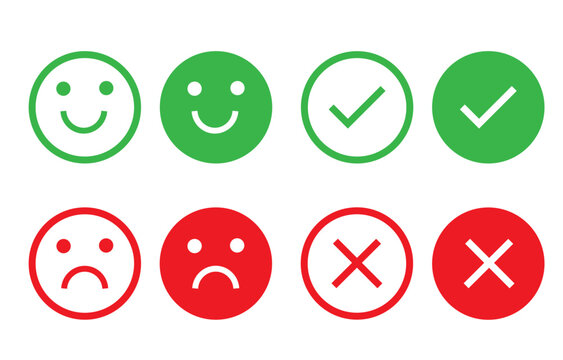 Icon circle face emotions right and wrong. Different smiley faces. The green and red check mark. Round buttons set yes and no. Vector illustration in flat design.