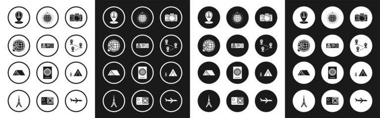 Set Photo camera, Cruise ticket for traveling by ship, Globe with flying plane, Map pointer Eiffel tower, Route location, Tourist tent wood fire and icon. Vector