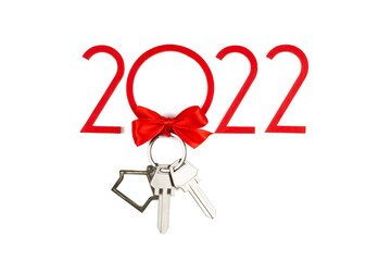 Banner with keys and with a keychain on an isolated white background. House with a red bow. New...