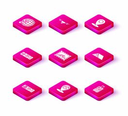 Set Cruise ticket for traveling by ship, Map pointer with mountain, Airline, Postal stamp and Egypt pyramids, Suitcase stickers, Tourist tent, pin and Drone flying action video camera icon. Vector