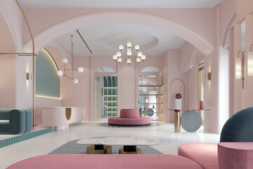 3d render of luxury hotel reception entrance and lobby hall