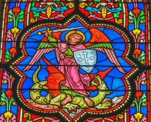 Colorful Archangel Michael Dragon Stained Glass Cathedral Bayeux Normandy France