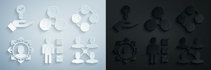 Set User of man in business suit, Project team base, and Light bulb hand icon. Vector