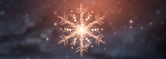 Dark festive background with golden snowflake, snow, abstract golden Christmas decoration with festive lights. New Year's abstraction, magical holiday atmosphere. 3d illustration. 