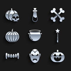 Set Halloween witch cauldron, Vampire, Pumpkin, Magic wand, teeth, Crossed bones and skull icon. Vector