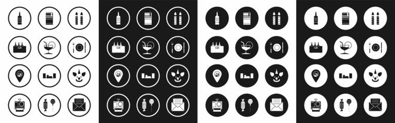 Set Birthday cake candles, Martini glass, Bottles of wine wooden box, Beer bottle, Plate, fork knife, Open cigarettes pack, Clown head and Alcohol beer bar location icon. Vector