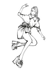 Young beautiful woman in stylish clothes. Sale concept. Hand-drawn fashion illustration