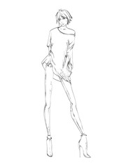 Young beautiful woman in stylish clothes. Sale concept. Hand-drawn fashion illustration