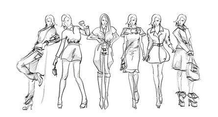 Set of young beautiful women in stylish clothes. Sale concept. Hand-drawn fashion illustration. Fashion sketch.