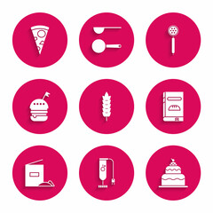 Set Cereals with rice, wheat, corn, oats, rye, Blender, Cake, Cookbook, Flour pack, Burger, Strainer spoon and Slice of pizza icon. Vector