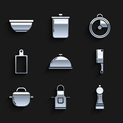 Set Covered with a tray of food, Kitchen apron, Pepper, Meat chopper, Cooking pot, Cutting board, timer and Bowl icon. Vector