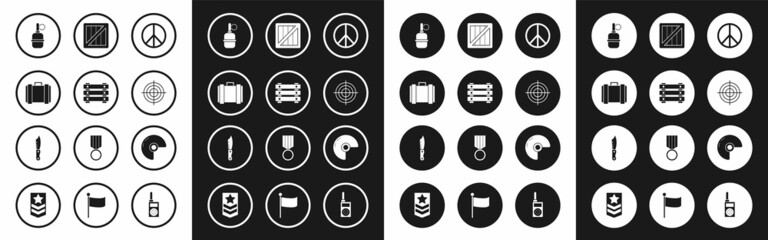 Set Peace, Military ammunition box, Hand grenade, Target sport for shooting competition, helmet and knife icon. Vector