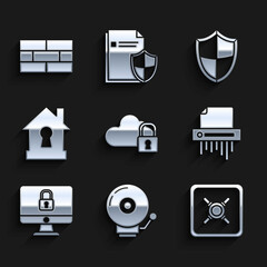 Set Cloud computing lock, Ringing alarm bell, Safe, Paper shredder confidential, Lock computer monitor screen, House under protection, Shield and Bricks icon. Vector