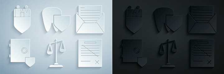 Set Scales of justice, Mail and e-mail, Safe with shield, Delete file document, Tooth and Family insurance icon. Vector