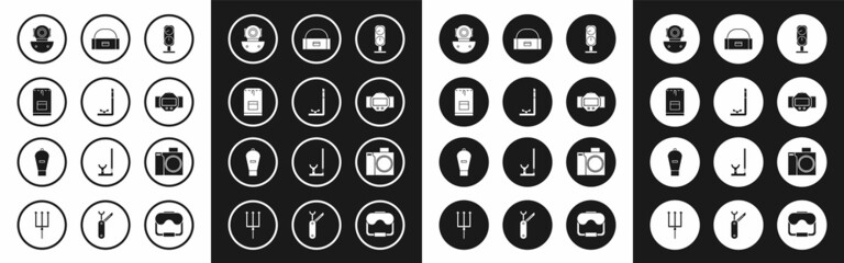Set Gauge scale, Snorkel, Backpack, Aqualung, Diving watch, Case box container for wobbler, Photo camera diver and Lift bag icon. Vector