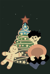 New Year and Christmas. A boy, a Christmas tree with lights and a star and a gingerbread man