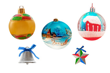Different beautiful toys for christmas tree on white isolated background close up