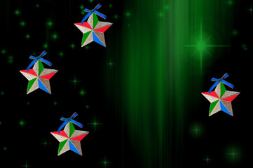 Beautiful christmas colorful stars on abstract green background with northern lights and stars