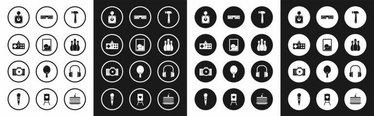 Set Hammer, Picture landscape, Gamepad, Joystick for arcade machine, Bowling pin, 3D cinema glasses, Headphones and Photo camera icon. Vector