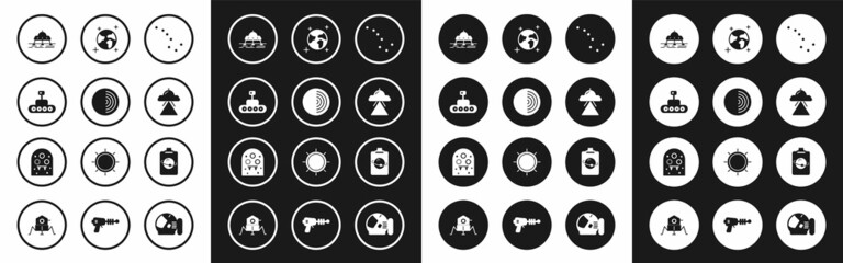 Set Great Bear constellation, Earth structure, Mars rover, UFO flying spaceship, globe, Planet and Alien icon. Vector