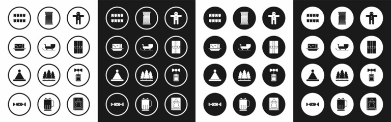 Set Holiday gingerbread man cookie, Christmas santa claus sleigh, Nougat with nuts, Carnival garland flags, Gift box, wish list template, Price tag inscription Sale and Santa Claus hat icon. Vector