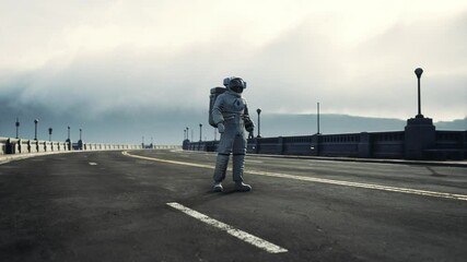 astronaut in space suit on the road bridge