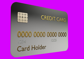 Credit card mock-up. A gray credit card. Plastic bank card on a pink background. Bank lending. Loan with a card. Financing, payments, credit. 3d image.