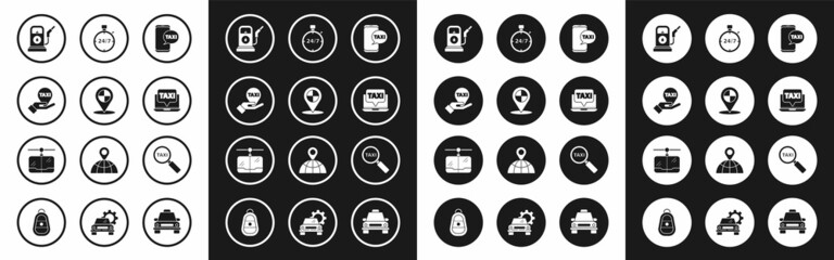 Set Taxi call telephone service, Map pointer with taxi, Hand map, Petrol or Gas station, Laptop, Stopwatch 24 hours, Magnifying glass car and Cable icon. Vector
